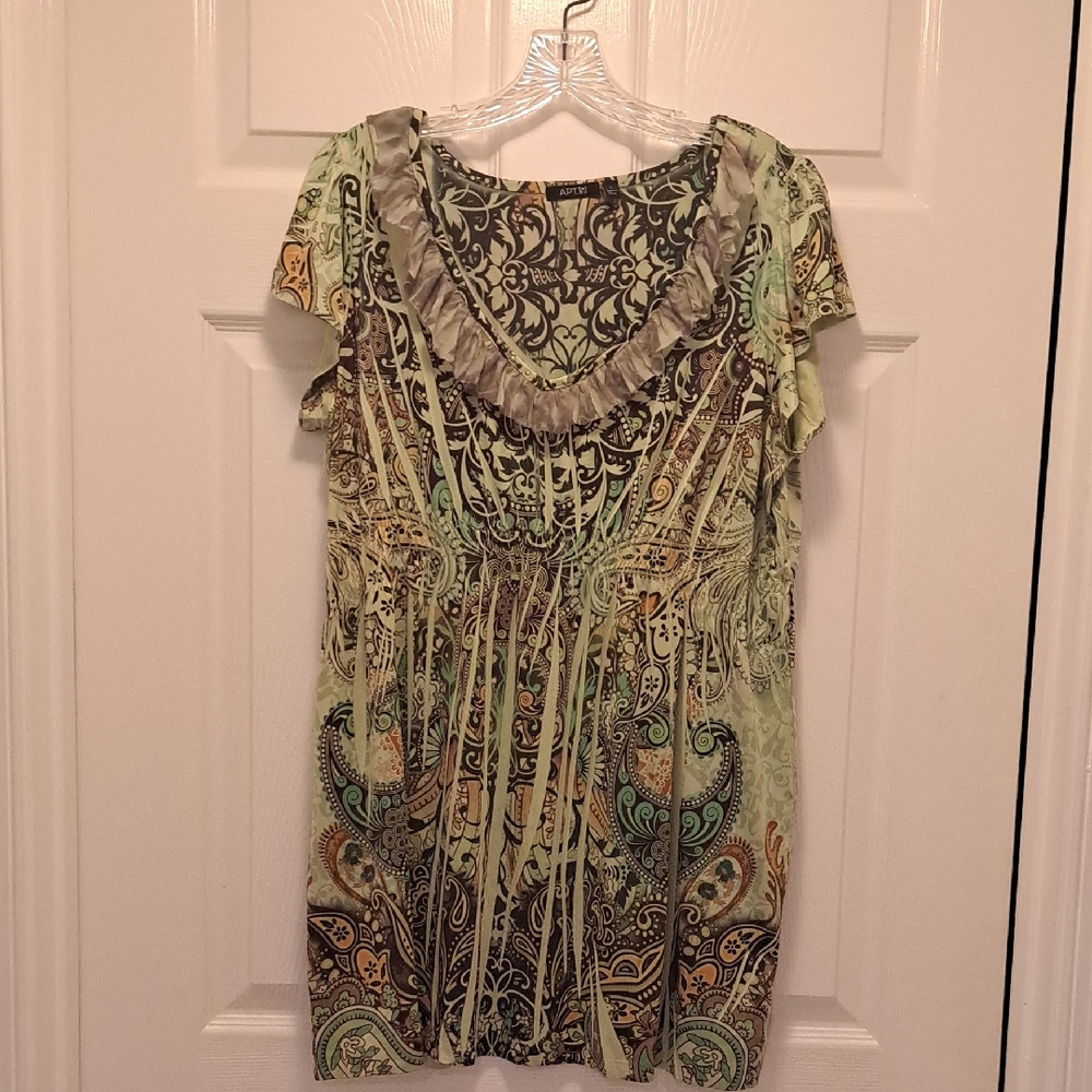 Apt. 9 Green and Brown Paisley Ruffle Blouse
